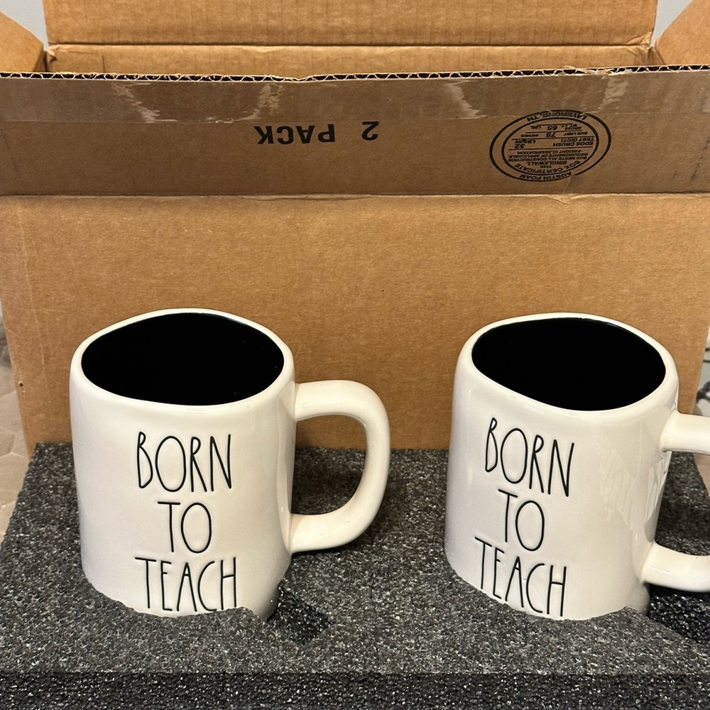 Set of 2 Rae Dunn White and Black Ceramic Mugs Born to Teach